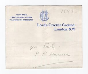 Pelham Francis Warner, Middlesex & England 1894-1929. Excellent ink signature of Warner, signed &lsquo;yours truly and dated 1899, on trimmed &lsquo;Lord&rsquo;s Cricket Ground, London&rsquo; headed paper, laid down. Light folds, good condition