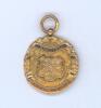 Sydney Francis Barnes, Warwickshire, Lancashire, Staffordshire, England & Wales 1894-1930. Ornate hallmarked nine carat gold medal presented to Barnes for his outstanding performance for Saltaire in the 1917 season. The medal was presented by the &lsquo;Bradfor
