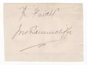 John Tunnicliffe. Yorkshire 1891-1907. Excellent ink signature of Tunnicliffe, signed &lsquo;your truly&rsquo; on paper piece, laid down. Light folds, good condition