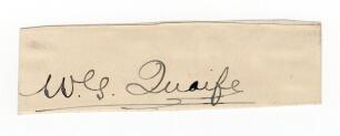 William George Quaife. Warwickshire & England 1894-1928. Excellent ink signature of Quaife on paper piece, laid down. Good condition