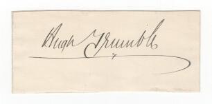 Hugh Trumble. Victoria & Australia 1887-1904 and Secretary of Melbourne Cricket Club 1912-1932. Excellent ink signature of Trumble on paper piece, laid down. Very good condition. Rare early signature