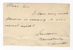 Victor Thomas Trumper. New South Wales & Australia 1894-1914. Short handwritten note from Trumper &lsquo;Dear Sir, I have very much pleasure in acceding to your modest request. I remain, your truly&rsquo;. Nicely signed by Trumper, laid down. Some folds, very good co