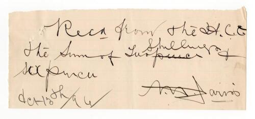 Arthur Harwood &ldquo;Affie&rdquo; Jarvis. South Australia & Australia 1877-1901. Large note in Jarvis&rsquo;s handwriting stating &lsquo;Received from the [?, perhaps M. (Melbourne?)] C.C. the sum of two shillings and sixpence&rsquo;. Signed and dated by Jarvis (1894? 1896?). A rare 