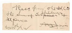 Arthur Harwood &ldquo;Affie&rdquo; Jarvis. South Australia & Australia 1877-1901. Large note in Jarvis&rsquo;s handwriting stating &lsquo;Received from the [?, perhaps M. (Melbourne?)] C.C. the sum of two shillings and sixpence&rsquo;. Signed and dated by Jarvis (1894? 1896?). A rare 