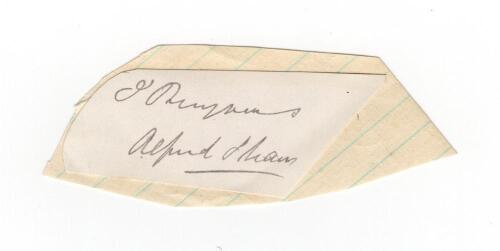 Alfred Shaw. Nottinghamshire, Sussex & England 1864-1897. Excellent ink signature of Alfred Shaw on paper piece, laid down to large piece of lined paper. A rare and desirable signature