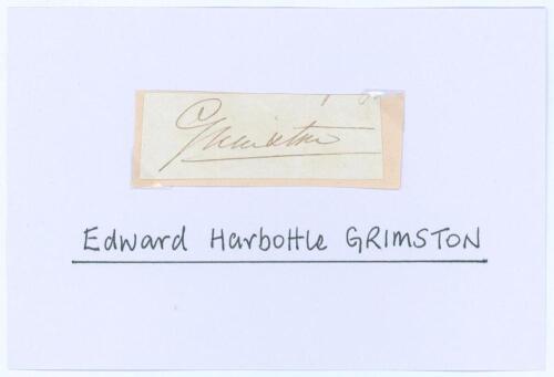 Edward Harbottle Grimston. Oxford University 1834-1837. Nice ink signature of Grimston on piece laid to slightly large piece. Sold with a signature in thick black ink of Geoffrey George Lockwood Hebden (Hampshire 1937-1951, six matches), signed to a pre-p