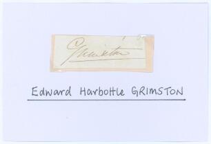 Edward Harbottle Grimston. Oxford University 1834-1837. Nice ink signature of Grimston on piece laid to slightly large piece. Sold with a signature in thick black ink of Geoffrey George Lockwood Hebden (Hampshire 1937-1951, six matches), signed to a pre-p