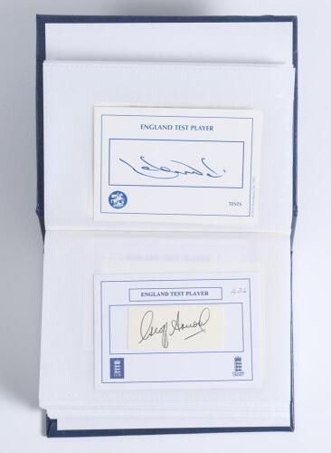 England Test player autographs 1950s onwards. Album comprising one hundred individual signatures, mainly modern, on &lsquo;England Test Player&rsquo; cards, the majority signed to the card, some on piece laid down. Earlier signatures include Geoff Arnold, Trevor Bail