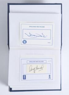 England Test player autographs 1950s onwards. Album comprising one hundred individual signatures, mainly modern, on &lsquo;England Test Player&rsquo; cards, the majority signed to the card, some on piece laid down. Earlier signatures include Geoff Arnold, Trevor Bail