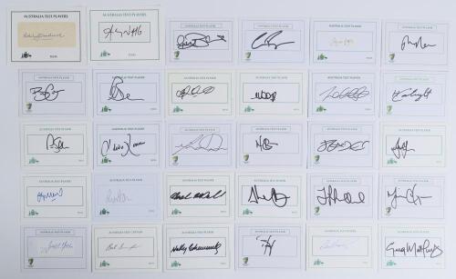 Australia Test player autographs 1950s onwards. Thirty individual signatures, mainly modern, on &lsquo;Australia Test Player&rsquo; cards, the majority signed to the card, some on piece laid down. Signatures include Bob Simpson, Wally Edwards, Des Hoare, Ashley Woodc