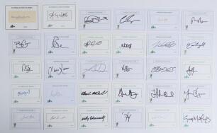 Australia Test player autographs 1950s onwards. Thirty individual signatures, mainly modern, on &lsquo;Australia Test Player&rsquo; cards, the majority signed to the card, some on piece laid down. Signatures include Bob Simpson, Wally Edwards, Des Hoare, Ashley Woodc