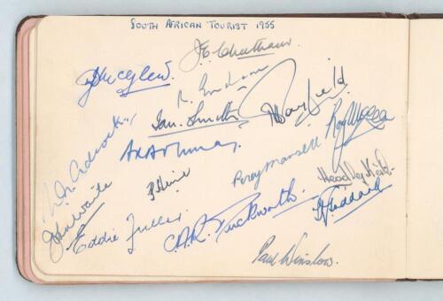 Cricket signatures 1950s. Autograph album comprising over sixty signatures. One page is fully signed in ink by all sixteen playing members of the South Africa touring party to England 1955. Signature are Cheetham (Captain), McGlew, Endean, Smith, Tayfield