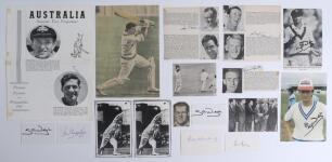 Australia 1930s onwards. A selection of some twenty five signatures of Australian Test cricketers signed to small cards, cuttings, photographs etc. Earlier signatures include Bill O&rsquo;Reilly, Keith Miller, Wally Grout, Barry Jarman, Peter Burge, Graham McKe
