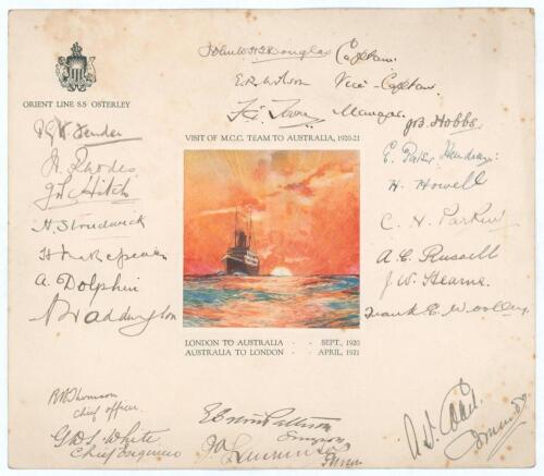 M.C.C. tour to Australia 1920/21. Official &lsquo;Orient Line S.S. Osterley&rsquo; card with central colour image of the ship at sea with printed title &lsquo;Visit of M.C.C. team to Australia 1920/21&rsquo; and dates of voyages from London and Australia in 1920/21. The card has