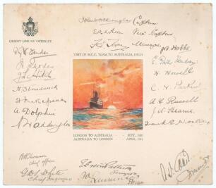 M.C.C. tour to Australia 1920/21. Official &lsquo;Orient Line S.S. Osterley&rsquo; card with central colour image of the ship at sea with printed title &lsquo;Visit of M.C.C. team to Australia 1920/21&rsquo; and dates of voyages from London and Australia in 1920/21. The card has