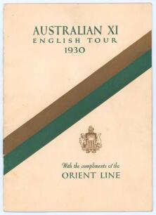 Australia tour of England 1930. Official &lsquo;Australian XI English Tour 1930&rsquo; brochure for the tour. Title to front cover &lsquo;With the compliments of the Orient Line&rsquo; with Orient Line emblem and Australian colours of gold and green running diagonally through th
