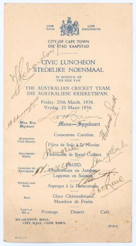 Australia tour to South Africa 1935/36. Official double sided menu card for the Civic Luncheon held at City Hall, Cape Town, 20th March 1936. The menu printed in English and Afrikaans with titles and menu to front, toast list to verso. Signed in ink to th