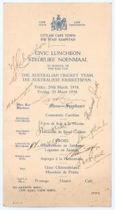 Australia tour to South Africa 1935/36. Official double sided menu card for the Civic Luncheon held at City Hall, Cape Town, 20th March 1936. The menu printed in English and Afrikaans with titles and menu to front, toast list to verso. Signed in ink to th