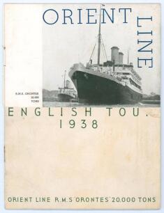 Australia tour of England 1938. Official &lsquo;Australian XI English Tour 1938 Orient Line R.M.S. &ldquo;Orontes&rdquo;&rsquo; brochure. The front cover with printed title. The brochure lists the members of the touring party, fixtures and biographies with pen picture of each of