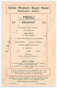 England v India, The Oval 1946. Great Western Royal Hotel, Paddington Station four page menu card, dated 17th August 1946. Signed to front cover by four of the England players who played in the 3rd Test played at the Oval 17th- 20th August 1946. The four 