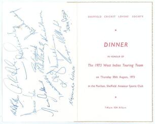 West Indies tour to England 1973. Official folding menu for the Dinner given by the Sheffield Cricket Lovers&rsquo; Society to the West Indies touring party, held at Sheffield 30th August 1973. Printed title to front, Menu and Toasts to inside. The rear cover i
