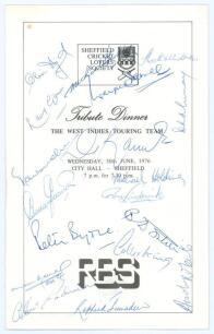 West Indies tour to England 1976. Official folding menu for the Tribute Dinner given by the Sheffield Cricket Lovers&rsquo; Society to the West Indies touring team, held at City Hall, Sheffield, 30th June 1976. Printed title to front, Menu and Toasts to inside.
