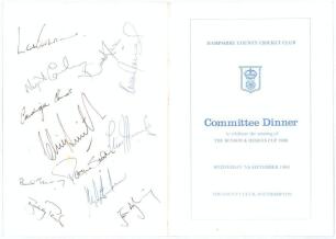Hampshire C.C.C. Official menu for the &lsquo;Committee Dinner to celebrate the winning of the Benson & Hedges Cup 1988&rsquo; held at The County Club, Southampton, 7th September 1988. The folding menu signed to the back page by the twelve members of the Hampshire te