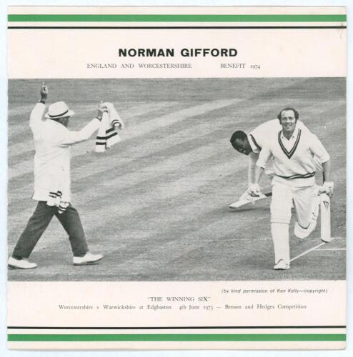 Norman Gifford. Worcestershire, Warwickshire & England 1960-83. &lsquo;Benefit Year&rsquo; 1974. Four page folding card produced to commemorate Gifford&rsquo;s Benefit Year. The front cover features a photograph of Gifford celebrating having hit the winning six in the B&H 