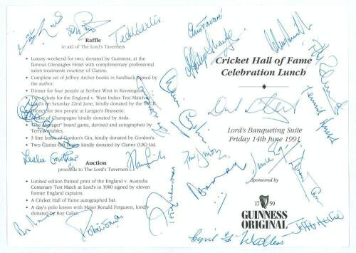 &lsquo;Cricket Hall of Fame Celebration Lunch&rsquo; 1991. Official folding menu for the lunch held at Lord&rsquo;s 14th June 1991. The menu signed in ink by twenty three attendees including England Test cricketers Denis Compton, Peter May, Donald Carr, Tony Lock, Ted Dext