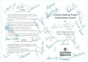 &lsquo;Cricket Hall of Fame Celebration Lunch&rsquo; 1991. Official folding menu for the lunch held at Lord&rsquo;s 14th June 1991. The menu signed in ink by twenty three attendees including England Test cricketers Denis Compton, Peter May, Donald Carr, Tony Lock, Ted Dext
