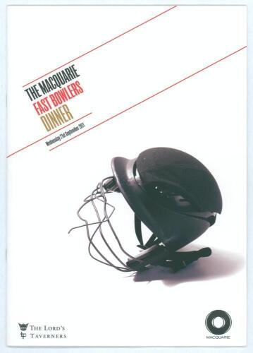 &lsquo;The Macquarie Fast Bowlers Dinner&rsquo; 2011. Official menu/ programme brochure for the dinner given by the Lord&rsquo;s Taverners, London 21st September 2011, with accompanying invitation card and table plan. The brochure fully signed to the player biographies by 