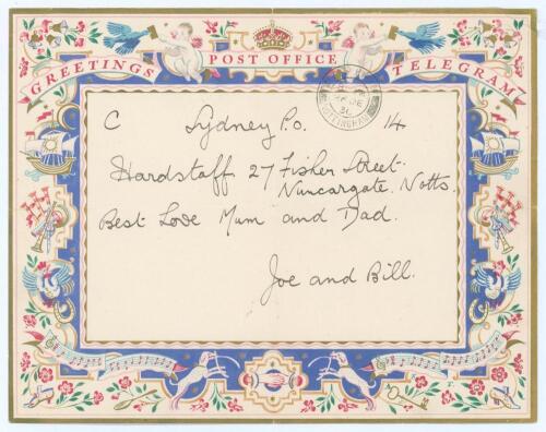 Joe Hardstaff and Bill Voce. MC.C. tour of Australia 1936/37. Original Greetings telegram handwritten from Sydney Post Office and post stamped 26th December 1936. The message reads to &lsquo;Hardstaff, 27 Fisher Street, Nuncargate, Notts. Best Love Mum and Dad&rsquo;
