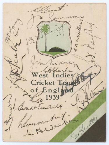 West Indies tour of England 1939. Official folding card itinerary for the tour beautifully and fully signed in ink to the front colour cover by all seventeen members of the touring party. Signatures are Grant (Captain), Cameron, Gomez, J.B. Stollmeyer, Wi