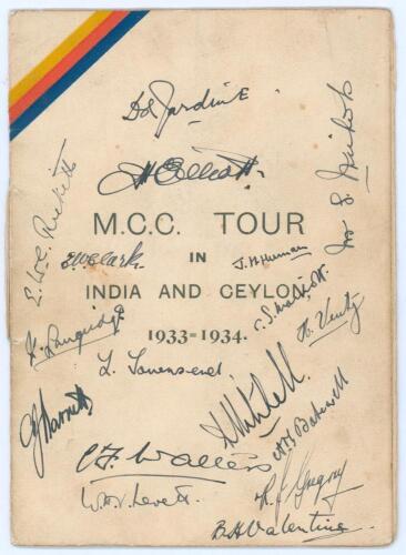 M.C.C. tour of India & Ceylon 1933/34. Official players tour itinerary booklet for the &lsquo;M.C.C. Tour in India and Ceylon 1933-1934&rsquo;. Title and diagonal bands in M.C.C. colours to front cover, with team details, fixtures & travelling schedule, postal inform