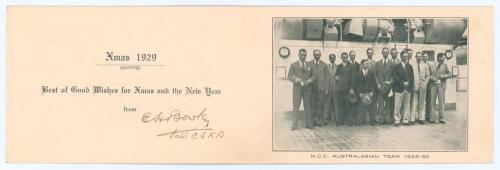 Edward Henry &lsquo;Ted&rsquo; Bowley. Sussex & England 1912-1934. M.C.C. Tour of Ceylon and Australia 1929/30. Official M.C.C. folding printed Christmas card for the tour with M.C.C. Greofrge and the dragon emblem to front cover, greeting and mono image of the team 