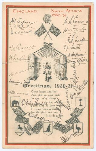 M.C.C. tour to South Africa 1930/31. Official M.C.C. single sided &lsquo;Greetings, 1930-31&rsquo; Christmas card with illustration of a cherub to the centre, printed poem below, emblems and flags above and below, surrounded by borders in red and gold. The card signe