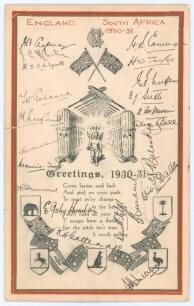 M.C.C. tour to South Africa 1930/31. Official M.C.C. single sided &lsquo;Greetings, 1930-31&rsquo; Christmas card with illustration of a cherub to the centre, printed poem below, emblems and flags above and below, surrounded by borders in red and gold. The card signe