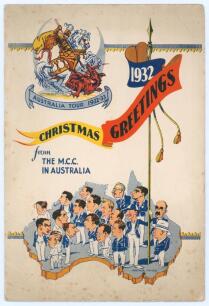 Bodyline. Harold Larwood. M.C.C. tour to Australia 1932/33. Official M.C.C. four page Christmas card with card wrappers. Title to front &lsquo;Christmas Greetings from the M.C.C. in Australia&rsquo;, attractive colour St. George and dragon emblem, and caricatures of 