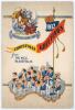 Bodyline. Harold Larwood. M.C.C. tour to Australia 1932/33. Official M.C.C. four page Christmas card with card wrappers. Title to front &lsquo;Christmas Greetings from the M.C.C. in Australia&rsquo;, attractive colour St. George and dragon emblem, and caricatures of 