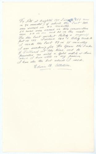 Edwin Boaler Alletson. Nottinghamshire C.C.C. 1906-1914. Large sheet of &lsquo;ledger&rsquo; size paper (9.5&rdquo;x15.5&rdquo;) on which Alletson has made the following statement &lsquo;For Notts at Brighton 1911 I scored 189 runs in 90 minutes of which the last 142 were scored in 40