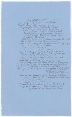 John William Hitch. Surrey & England 1907-1925. Large sheet of &lsquo;ledger&rsquo; size paper (9.5&rdquo;x15.5&rdquo;) very nicely signed to the top of the page in ink by Hitch, giving his year of birth &lsquo;1886&rsquo;, he has then proceeded to write his career highlights below. These i