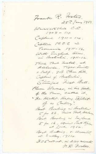 Frank Rowbotham Foster. Warwickshire & England 1908-1914. Large sheet of &lsquo;ledger&rsquo; size paper (9.5&rdquo;x15.5&rdquo;) very nicely signed to the top of the page in ink by Foster, giving the date I presume he wrote the piece &lsquo;25th January 1951&rsquo; he has then proceeded to