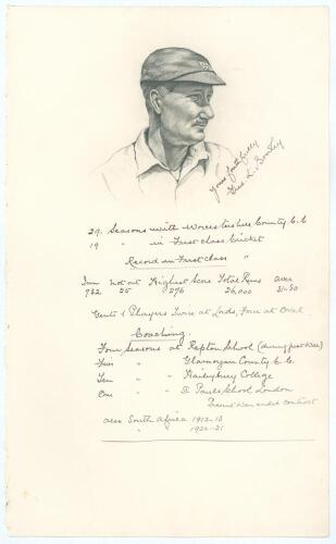 Frederick Lloyd Bowley. Worcestershire 1899-1923. Large sheet of &lsquo;ledger&rsquo; size paper (9.5&rdquo;x15.5&rdquo;) with excellent head and shoulders pencil portrait of Bowley wearing Worcestershire cap, very nicely signed to the side &lsquo;Yours faithfully Fred. L. Bowley&rsquo; he 