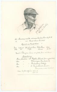 Frederick Lloyd Bowley. Worcestershire 1899-1923. Large sheet of &lsquo;ledger&rsquo; size paper (9.5&rdquo;x15.5&rdquo;) with excellent head and shoulders pencil portrait of Bowley wearing Worcestershire cap, very nicely signed to the side &lsquo;Yours faithfully Fred. L. Bowley&rsquo; he 