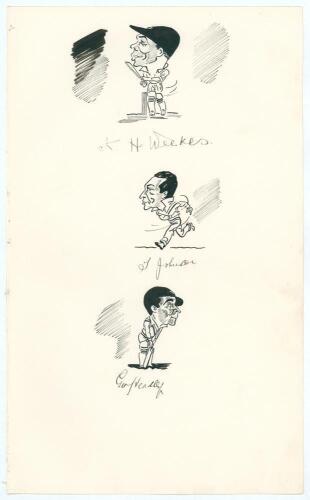 West Indies tour of England 1939. Large sheet of &lsquo;ledger&rsquo; size paper (9.5&rdquo;x15.5&rdquo;) with excellent pen and ink caricatures portraits of Ken Weekes, Tyrell Johnson and George Headley running down the pages, two in batting pose and one in bowling pose, very n
