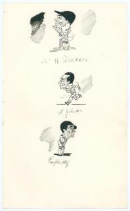 West Indies tour of England 1939. Large sheet of &lsquo;ledger&rsquo; size paper (9.5&rdquo;x15.5&rdquo;) with excellent pen and ink caricatures portraits of Ken Weekes, Tyrell Johnson and George Headley running down the pages, two in batting pose and one in bowling pose, very n
