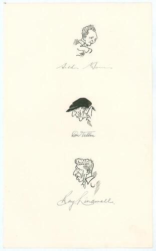 Australian tour of England 1948. Large sheet of &lsquo;ledger&rsquo; size paper (9.5&rdquo;x15.5&rdquo;) with excellent pen and ink caricatures head and shoulders portraits of Arthur Morris, Don Tallon and Ray Lindwall running down the pages, very nicely signed below each portra