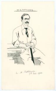 William Henry Patterson. Oxford University & Kent 1880-1900. Large sheet of &lsquo;ledger&rsquo; size paper (9.5&rdquo;x15.5&rdquo;) with ink and pencil portrait of Patterson seated holding a cricket bat, very nicely signed below the portrait by Patterson and dated 7th February 