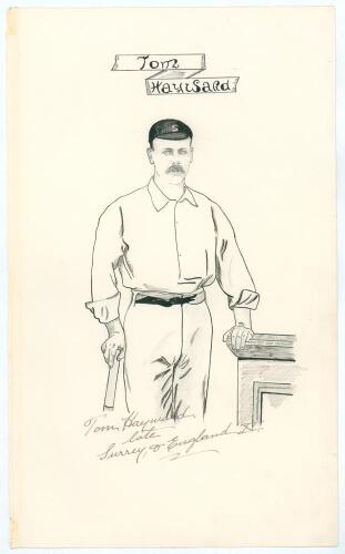 Thomas Walter &lsquo;Tom&rsquo; Hayward. Surrey & England 1893-1914. Large sheet of &lsquo;ledger&rsquo; size paper (9.5&rdquo;x15.5&rdquo;) with ink and pencil portrait of Hayward stood holding a cricket bat, very nicely signed below the portrait by Hayward with additional wording &lsquo;Late Su