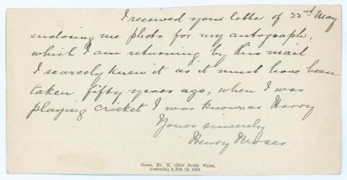 Henry &lsquo;Harry&rsquo; Moses. New South Wales & Australia 1881-1895. Short single page handwritten undated letter in ink from Moses replying to a request for signed photographs of himself, &lsquo;which I am returning by this mail&rsquo;. He continues &lsquo;I scarcely knew it as it